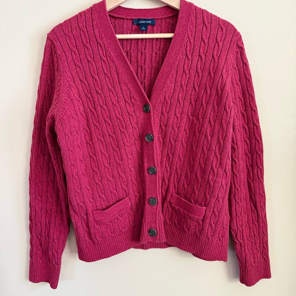 Lands’ End Pink Cable Knit Cardigan Sweater Cotton Button Front Large